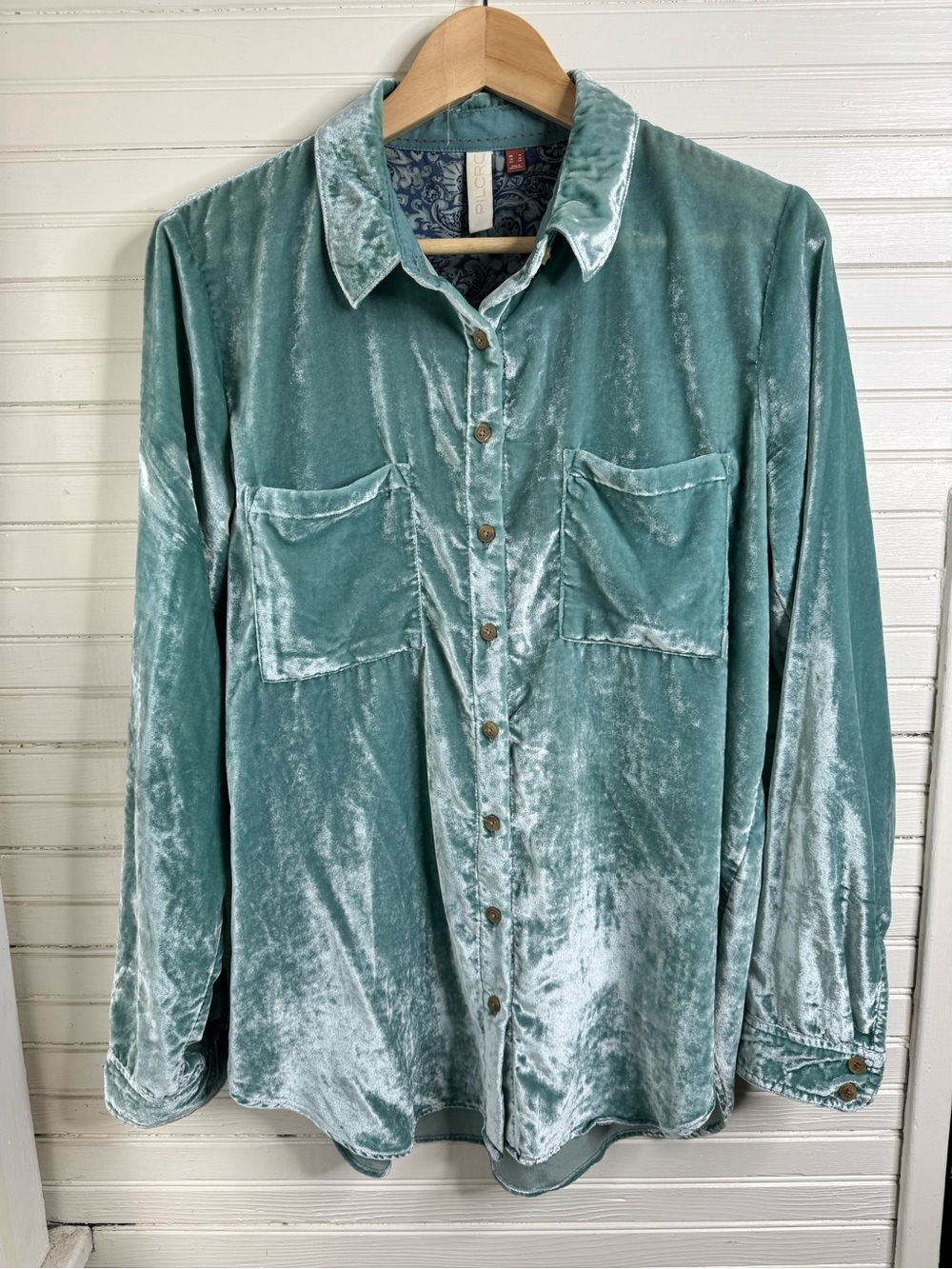 Pilcro Velvet Button-Up Shirt in Teal Mint Green